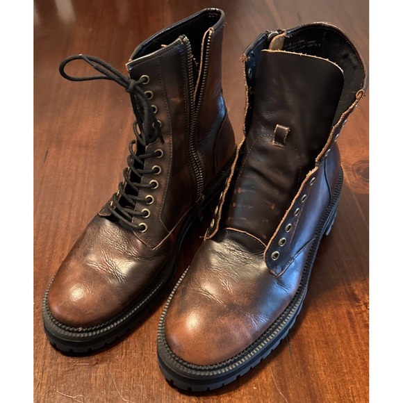 Urban Outfitters Mens 11 Brown Leather Combat Boots Lace Up Side Zip Lug Sole main image 8